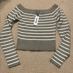 NWT Garage Off Shoulder Long Sleeve Top Striped Off-Shoulder Sweater Olive White